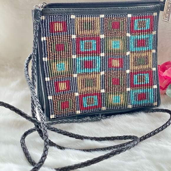 BRIGHTON Mini CROSSBODY BEADED PURSE Black w/multi colored front & Braided Strap - Picture 2 of 9